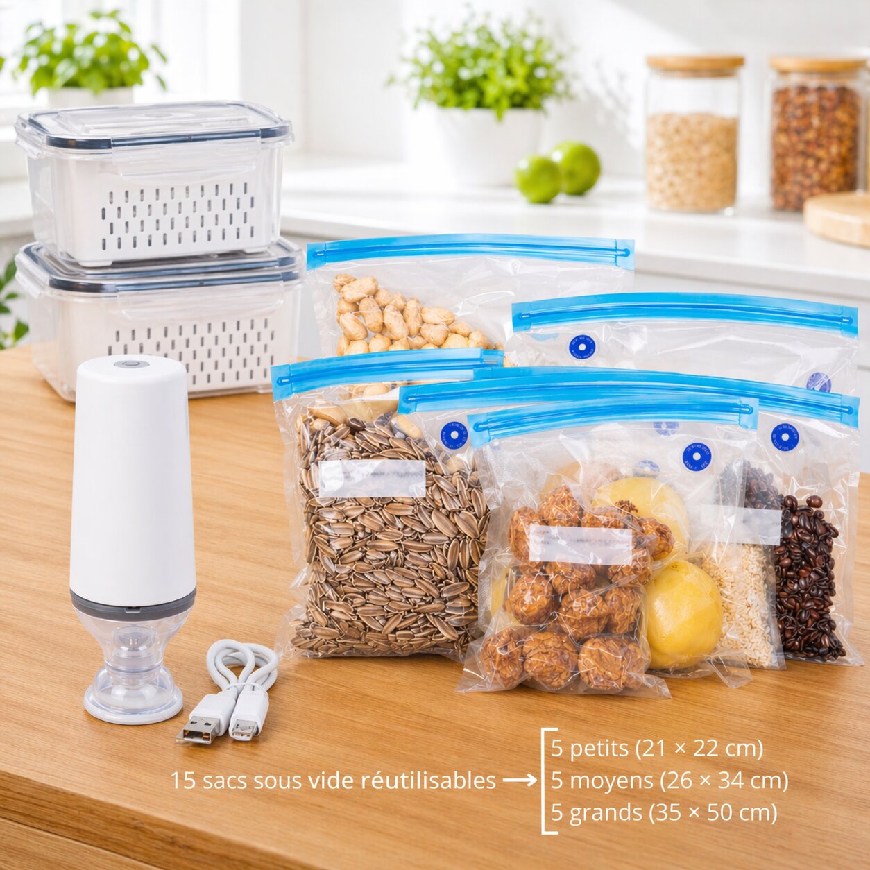 lot de 15 sacs sous vide avec 2 boites de stockage alimentaire et 1 pompe electrique