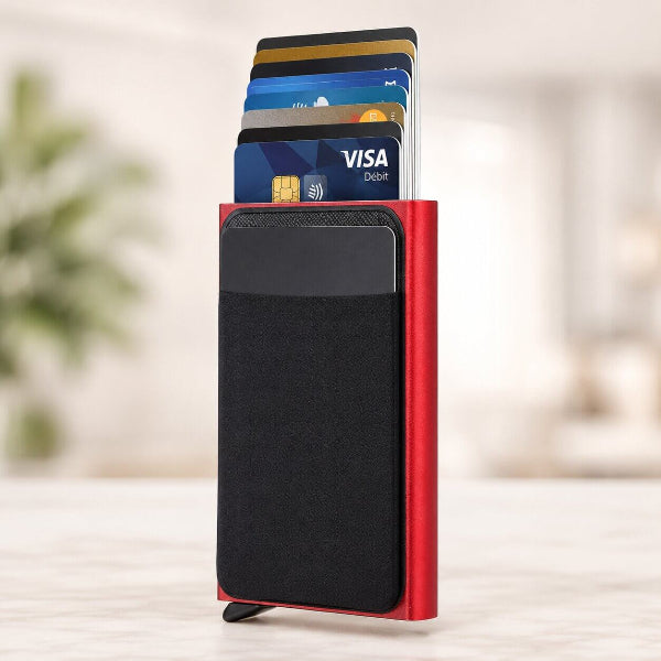 porte carte pour homme en boite d'alu rouge pratique
