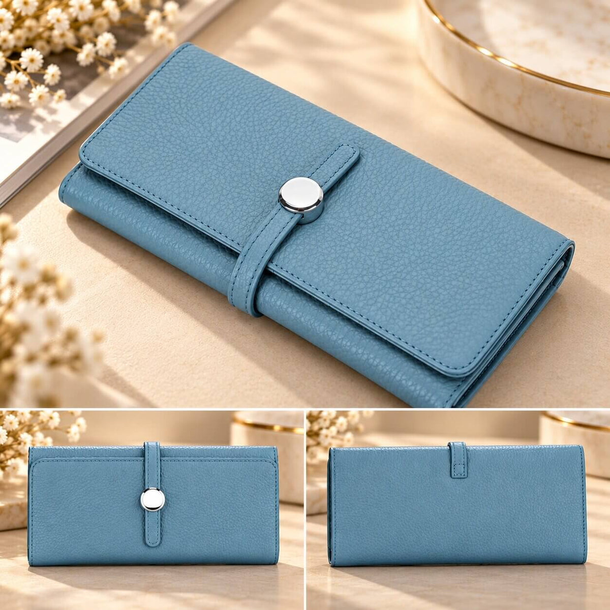 portefeuille long pour femme celeste bleu poudre