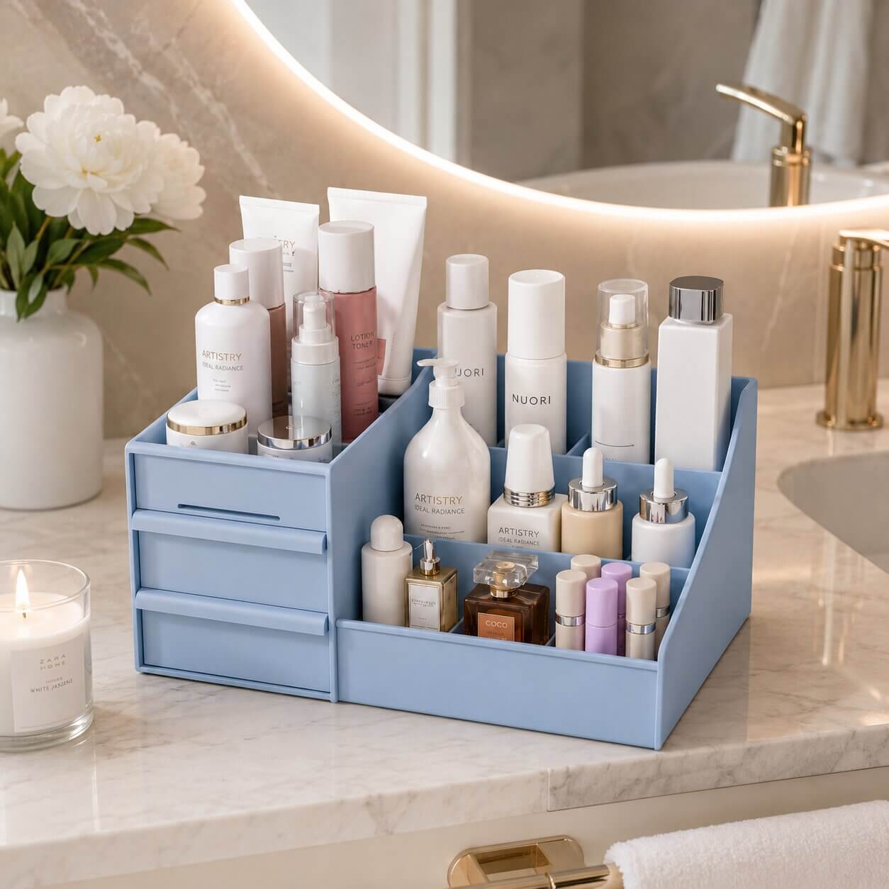 rangement maquillage bleu utile et efficace