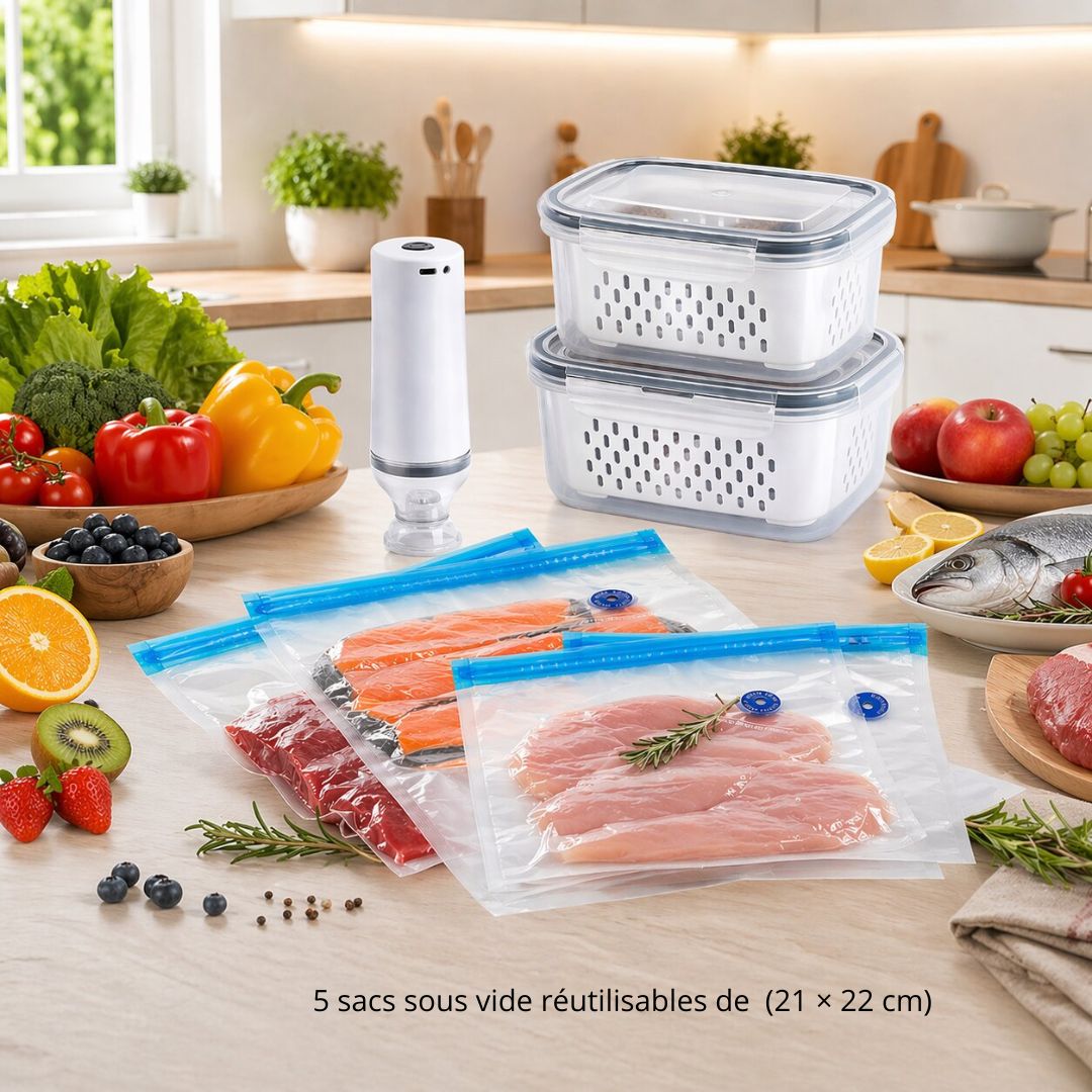 Kit de conservation alimentaire Freshy™ – 1 Pompe électrique, 2 boites alimentaires et des sacs sous vide