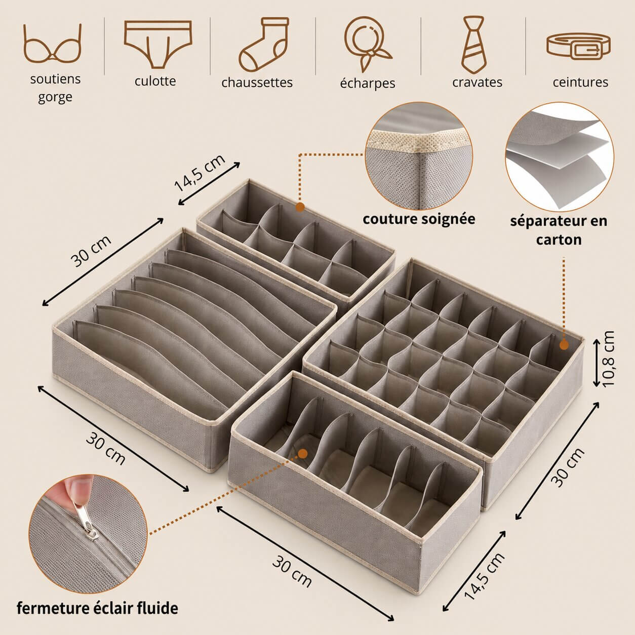 IntimaBox™ - Lot de 4 Organisateurs de Tiroir pour Sous-vêtements