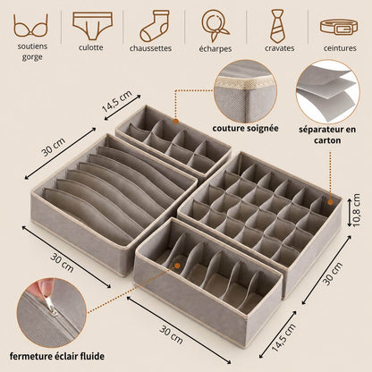 IntimaBox™ - Lot de 4 Organisateurs de Tiroir pour Sous-vêtements