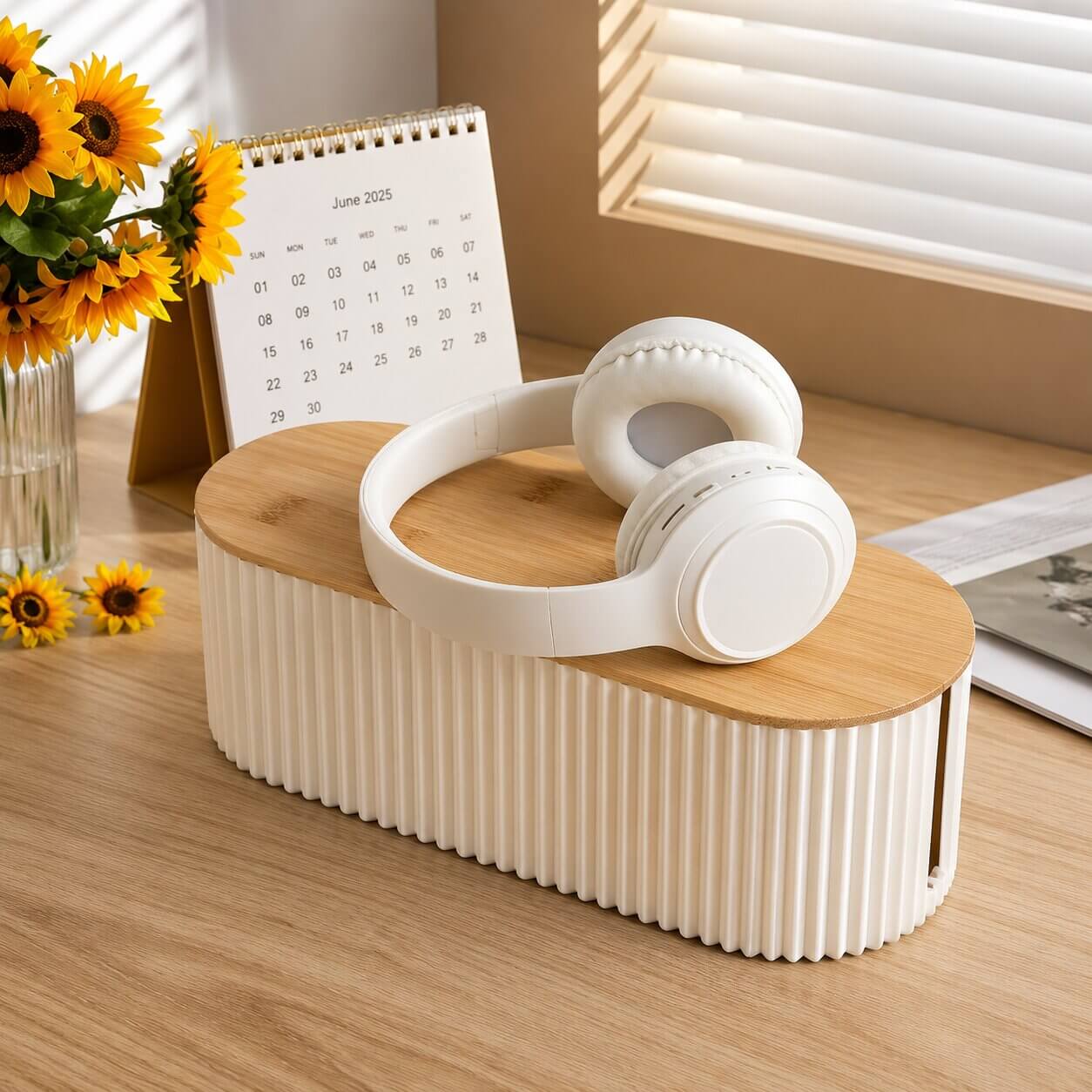 cache cable avec couvercle en bambou pour les multiprises beige