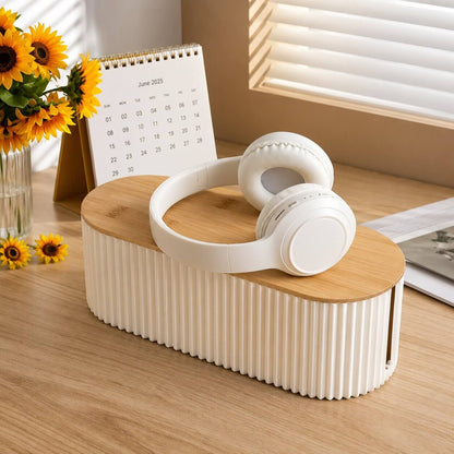 cache cable avec couvercle en bambou pour les multiprises beige