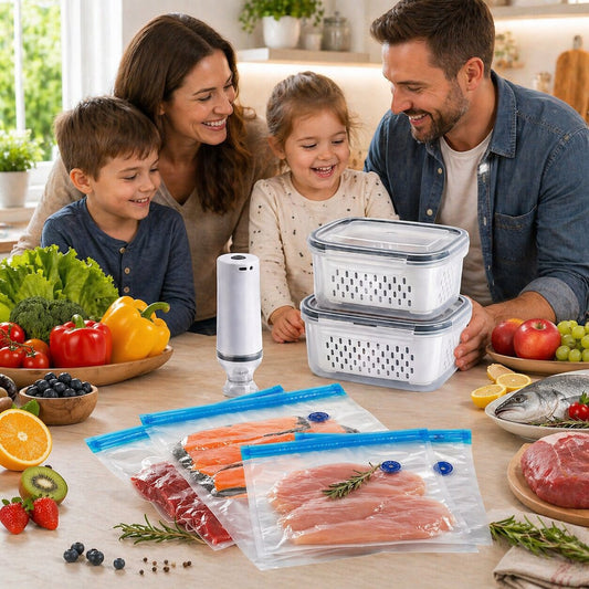 Kit de conservation alimentaire Freshy™ – 1 Pompe électrique, 2 boites alimentaires et des sacs sous vide