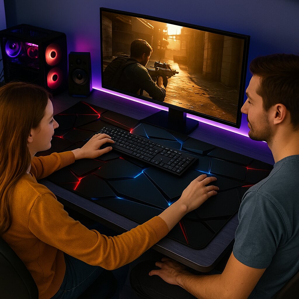 couple devant pc avec tapis souris gamer