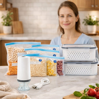 Kit de conservation alimentaire Freshy™ – 1 Pompe électrique, 2 boites alimentaires et des sacs sous vide