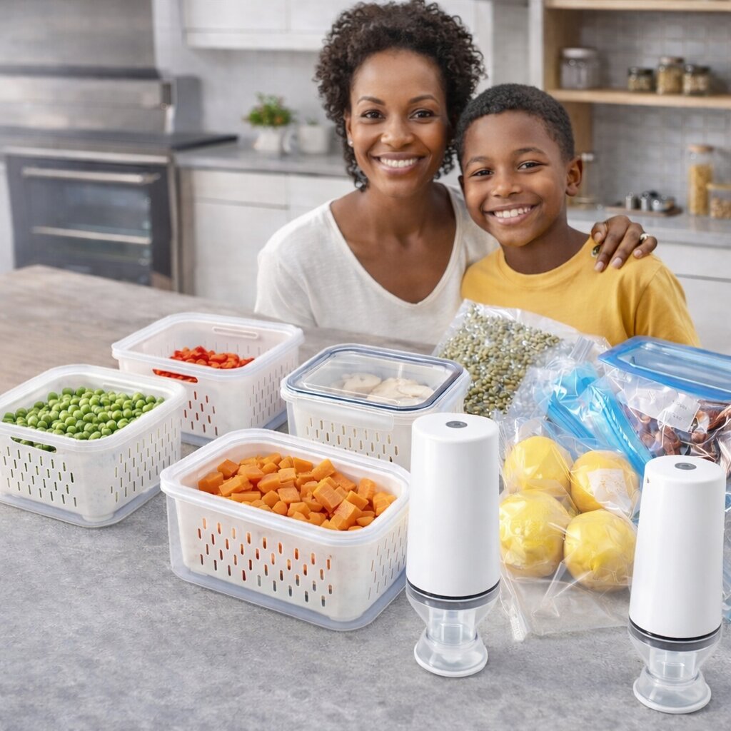 Kit de conservation alimentaire Freshy™ – 1 Pompe électrique, 2 boites alimentaires et des sacs sous vide