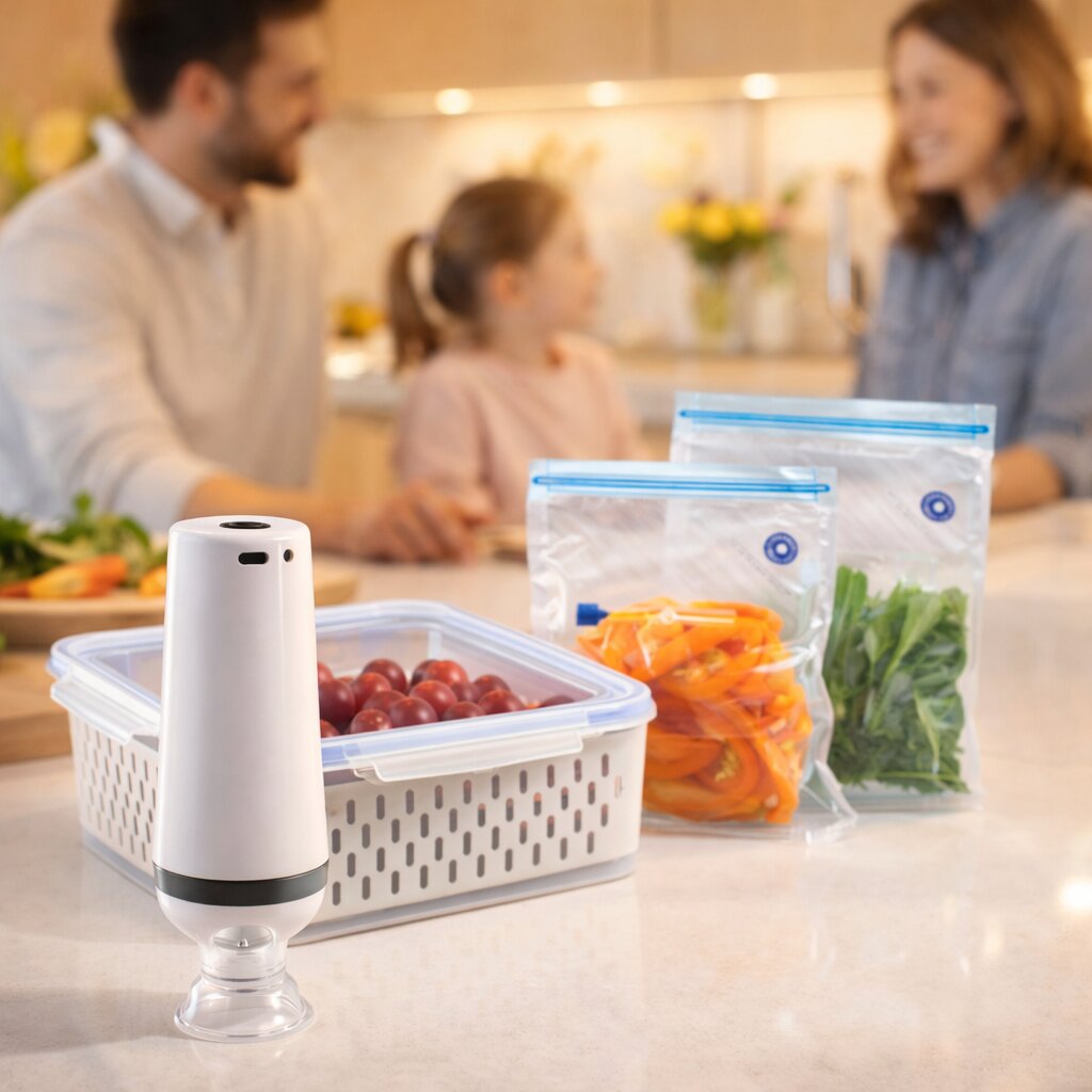 Kit de conservation alimentaire Freshy™ – 1 Pompe électrique, 2 boites alimentaires et des sacs sous vide