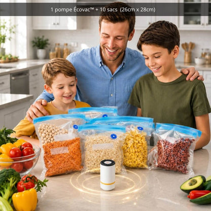 ÉcoVac™ – Kit de conservation alimentaire, 1 machine sous vide, 10 à 30 sacs de congélation