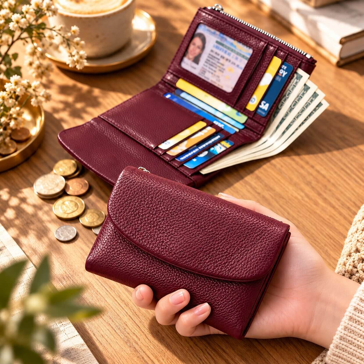 portefeuille court pour femme celiane en cuir véritable bordeau