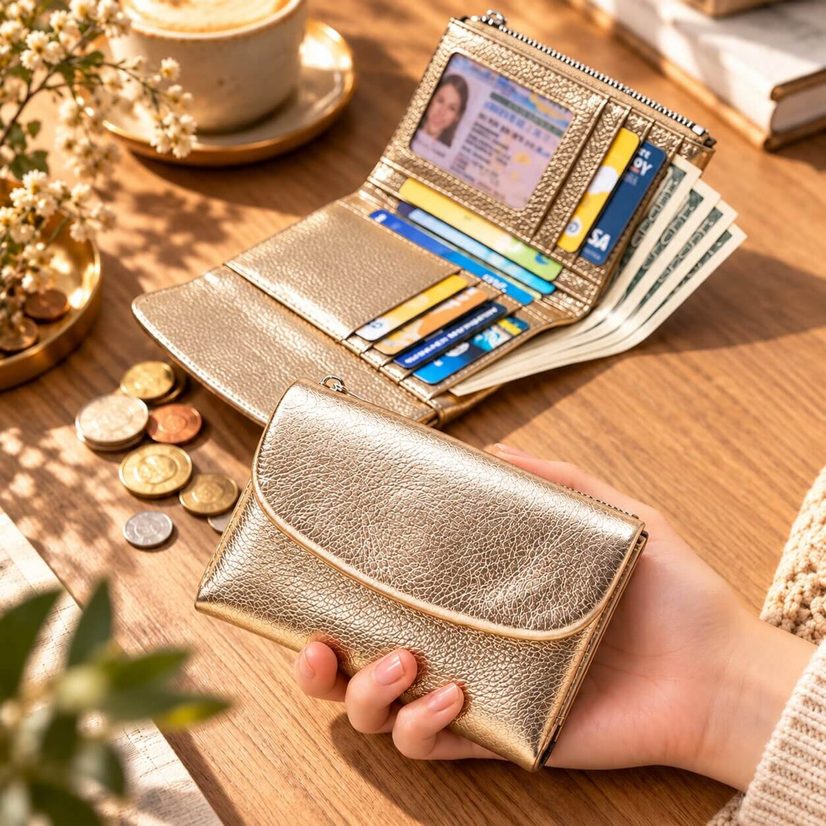 portefeuille court pour femme celiane en cuir véritable doré