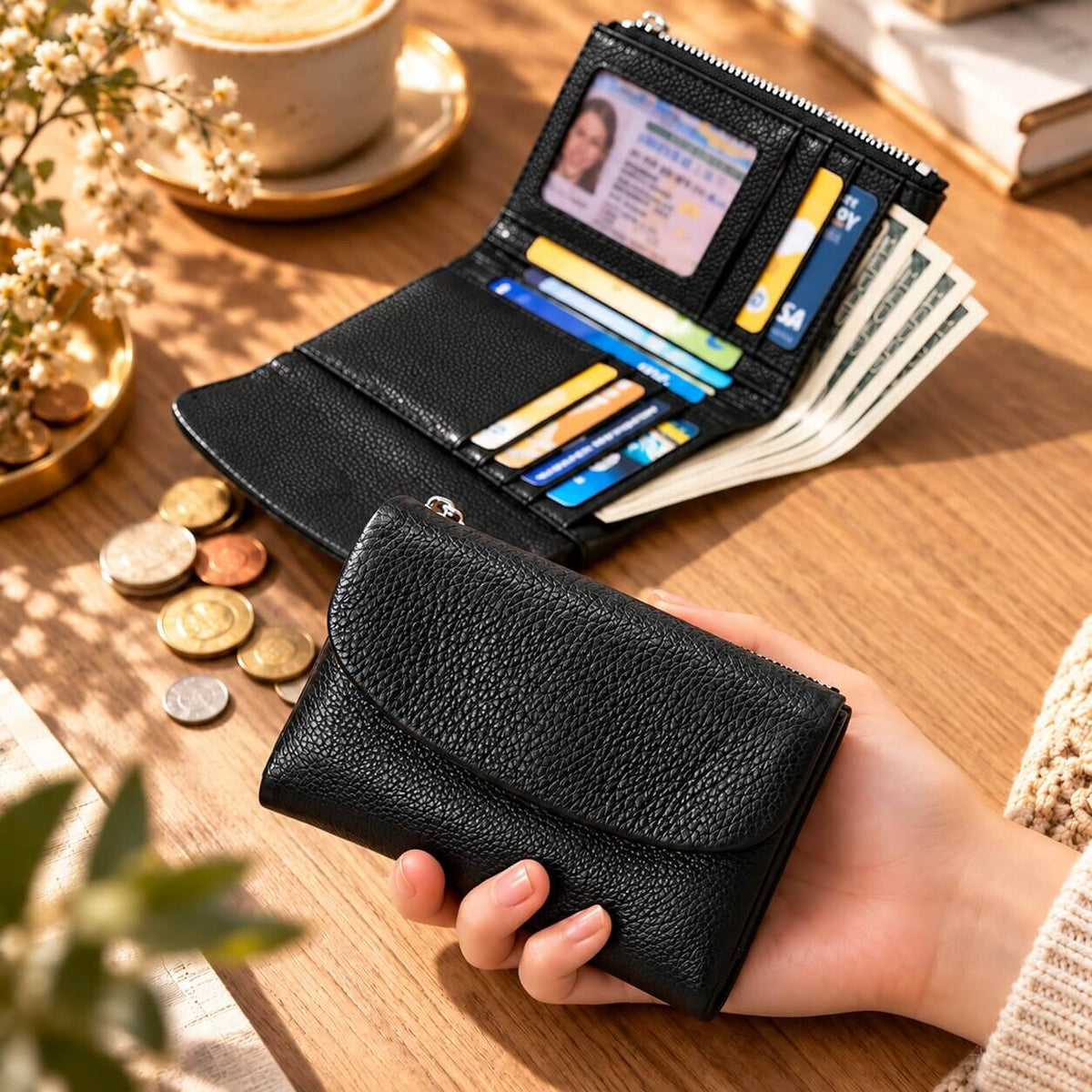 portefeuille court pour femme celiane en cuir véritable noir