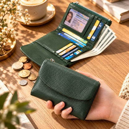 portefeuille court pour femme celiane en cuir véritable vert