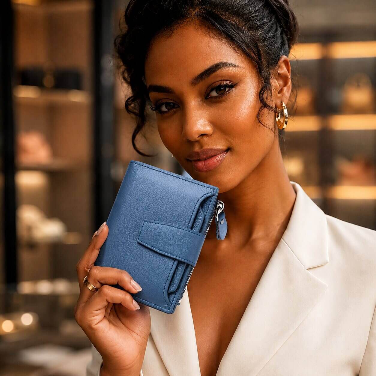 portefeuille court pour femme en cuir véritable allure glamour bleu calme