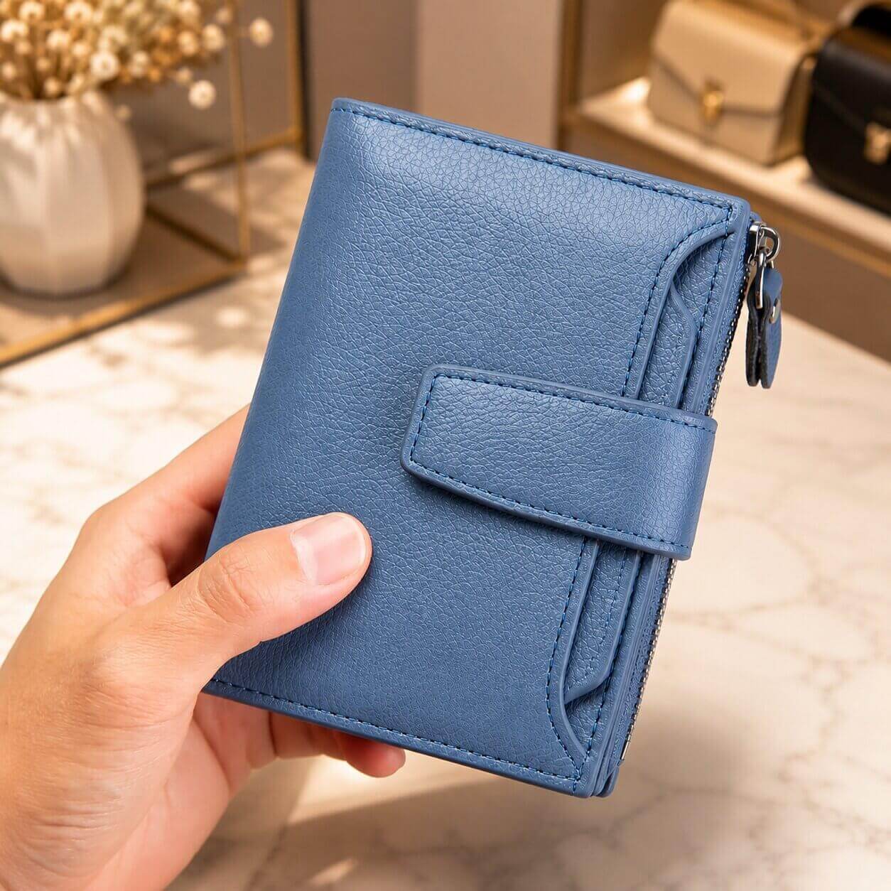 portefeuille court pour femme en cuir véritable allure glamour bleu claire