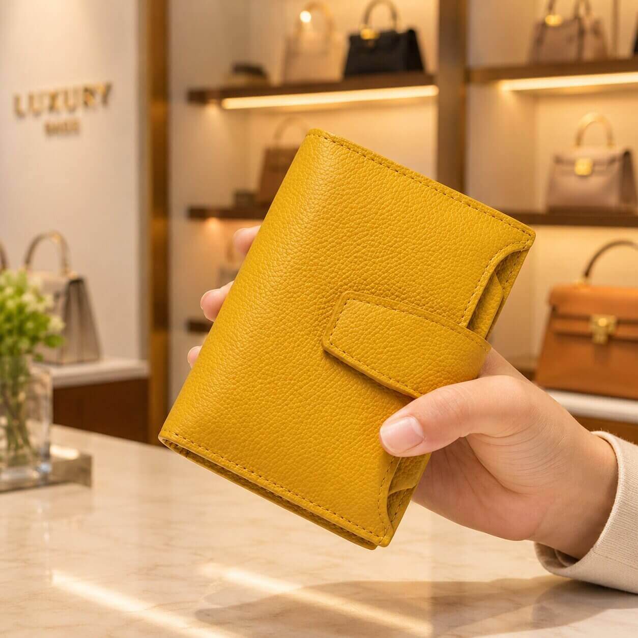 portefeuille court pour femme en cuir véritable allure glamour jaune solide