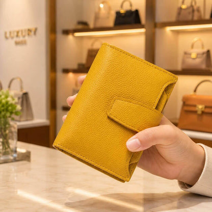 portefeuille court pour femme en cuir véritable allure glamour jaune solide