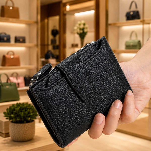 portefeuille court pour femme en cuir véritable allure prestige noir sublime
