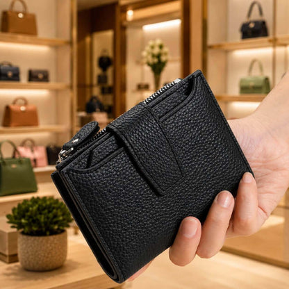 portefeuille court pour femme en cuir véritable allure prestige noir sublime