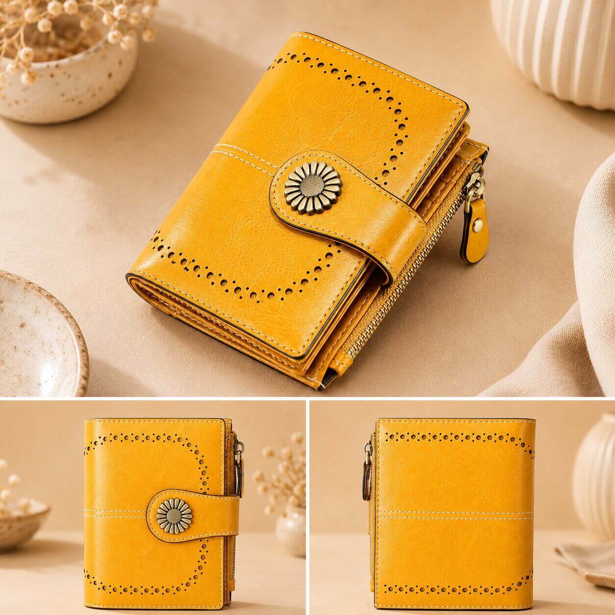 portefeuille pou femme en cuir véritable jaune intemporel