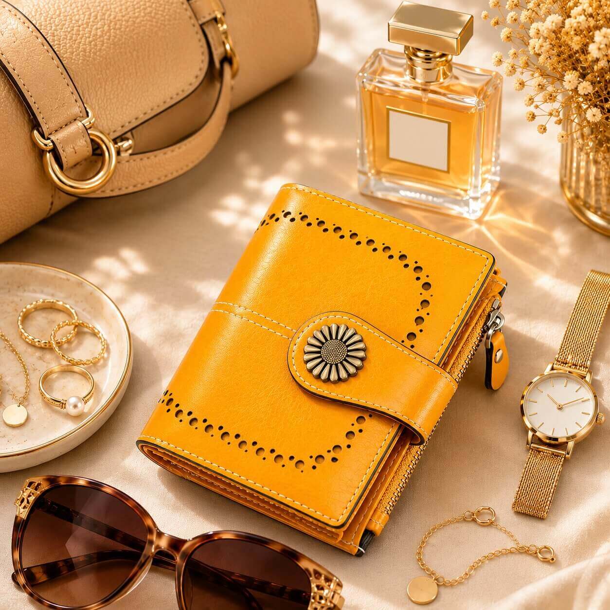 portefeuille pou femme en cuir véritable jaune robuste