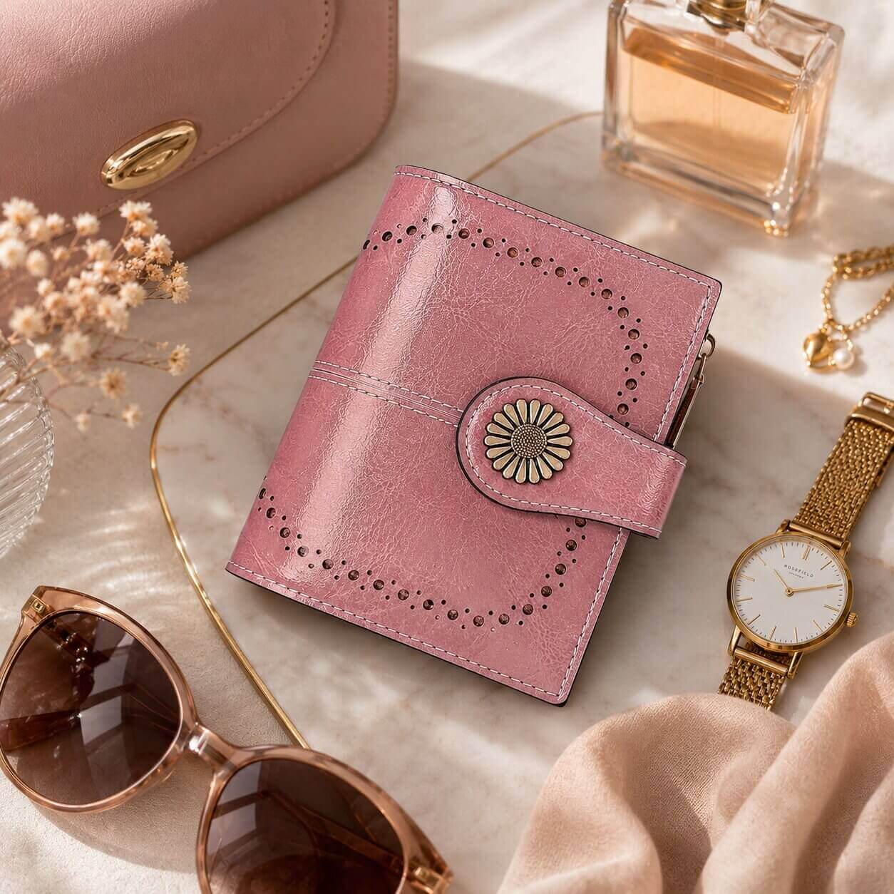 portefeuille pou femme en cuir véritable rose ferme