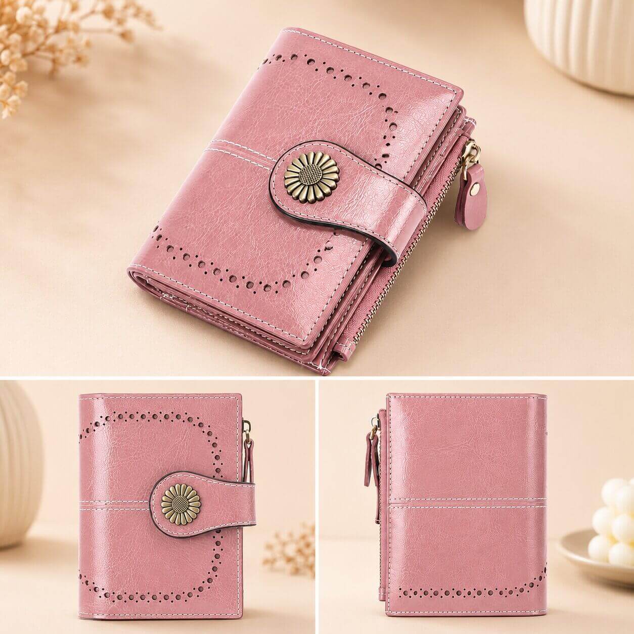 portefeuille pou femme en cuir véritable rose solide