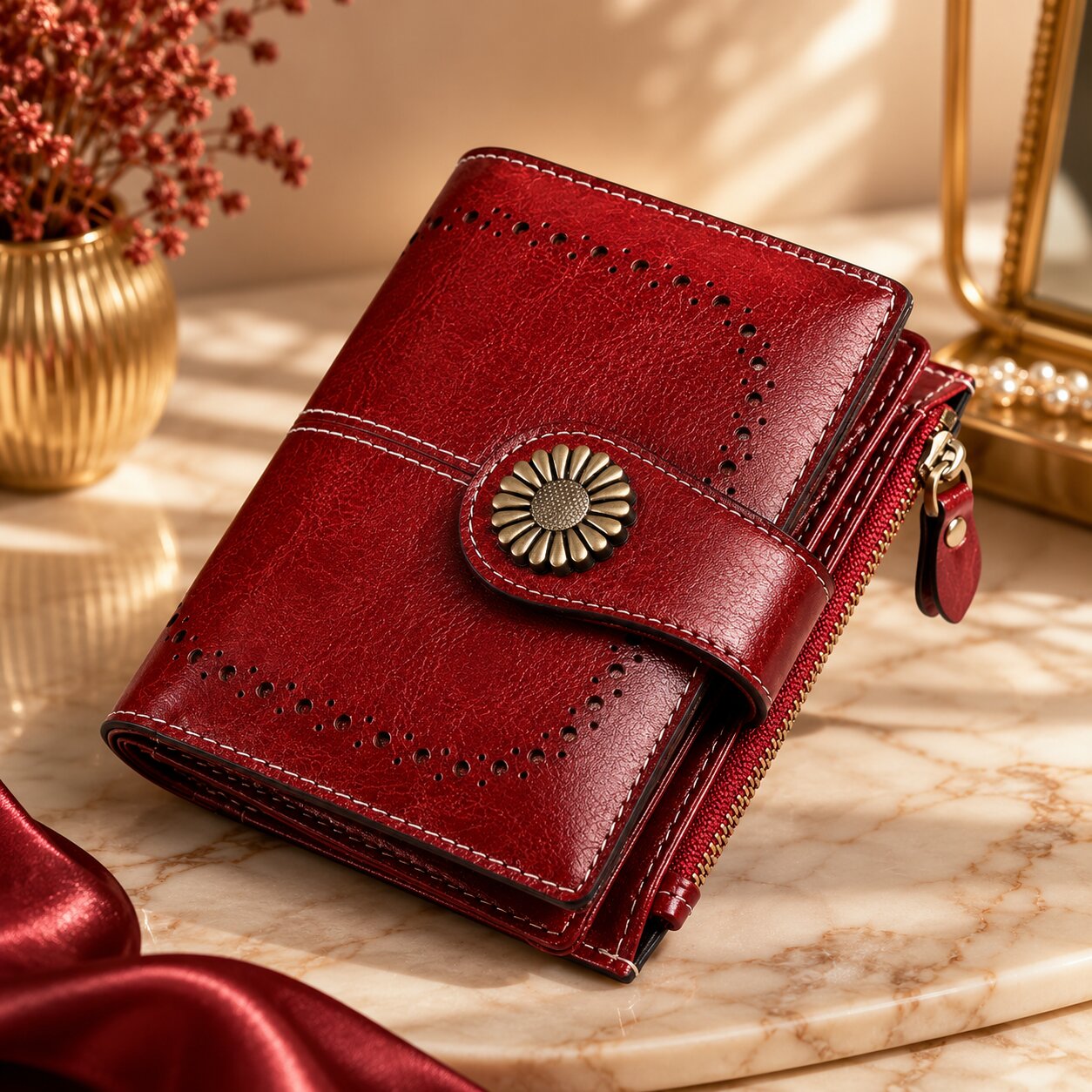 portefeuille pou femme en cuir véritable rouge classe