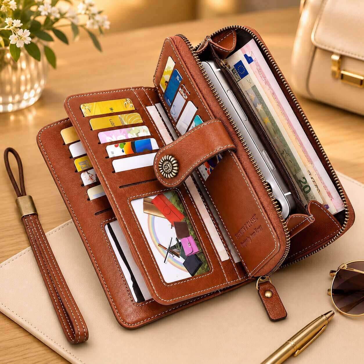 portefeuille femme vintage long marron spacieux