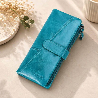 portefeuille femme long en cuir veritable bleu contacts