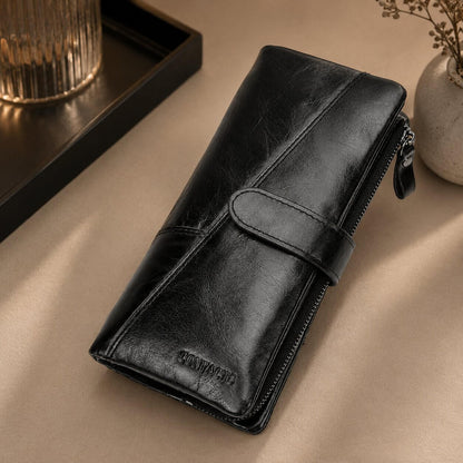 portefeuille femme long en cuir veritable noir contacts