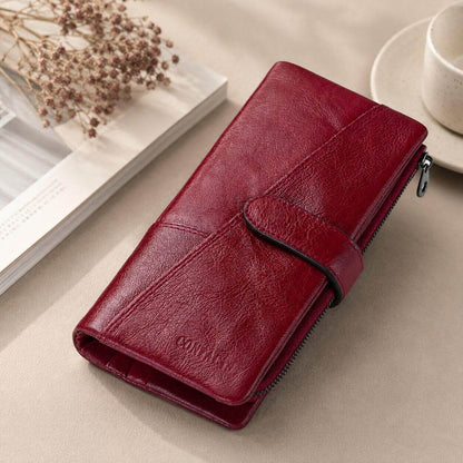 portefeuille femme long en cuir veritable grenat rouge contacts
