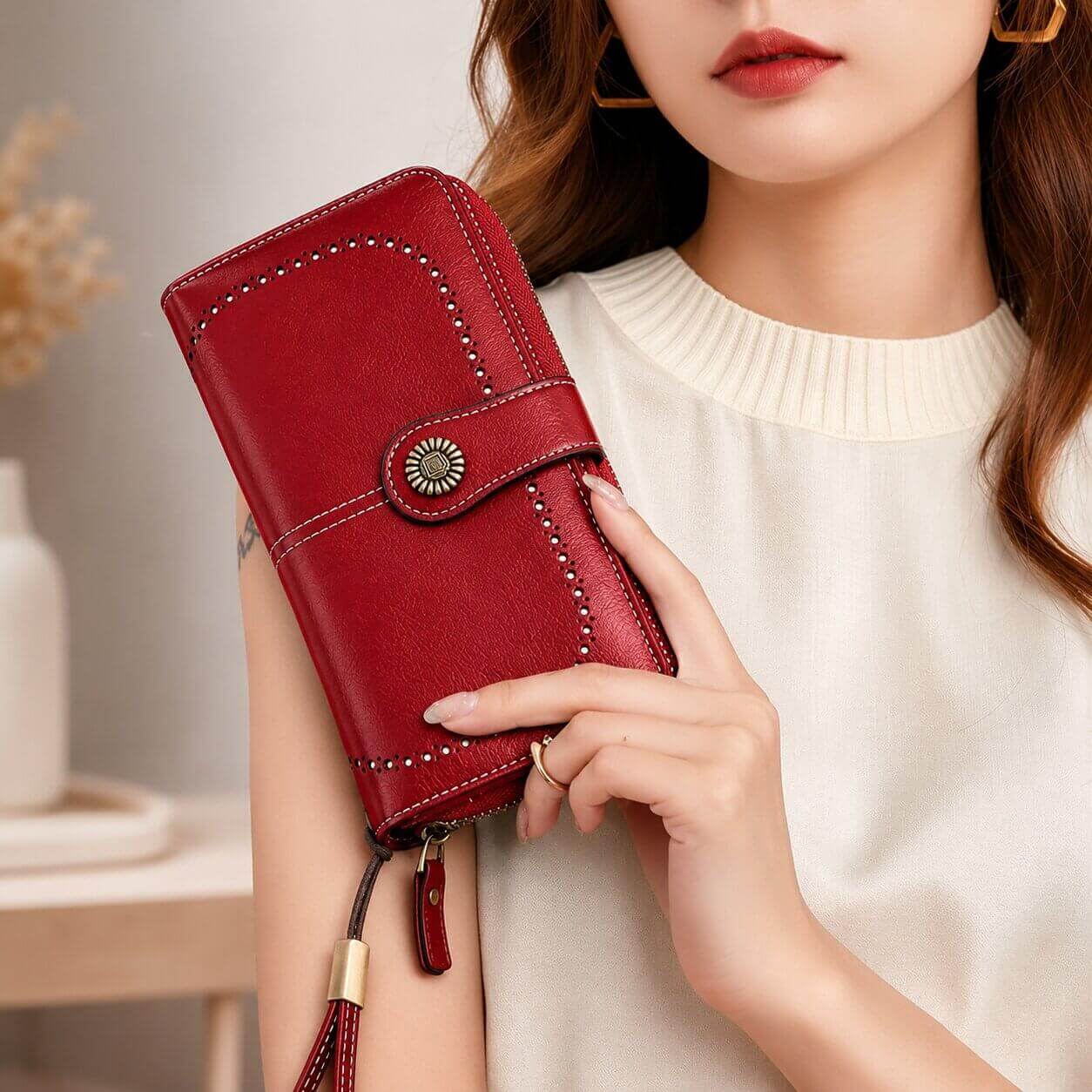 portefeuille femme long grande capacite rouge capucine