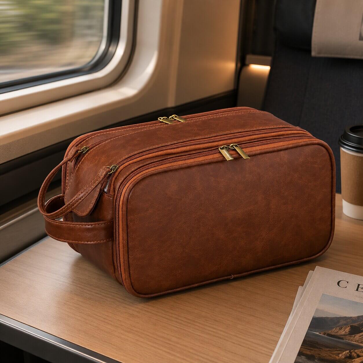 trousse de toilette voyage dans un train
